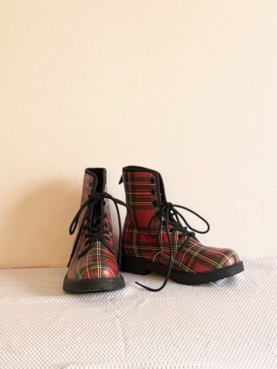 Shoes - Unisex Red Tartan Plaid Lace-Up Combat Boots Sizes M5/W7